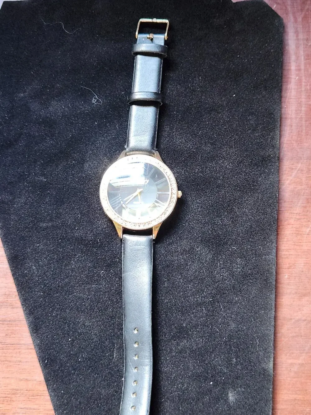 Ashley Princess Gold Tone Watch Rhinestone Bezel Black Dial Leather Strap